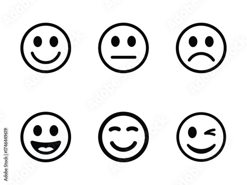 Set of smiley face icons showing different emotions, black and white emoji expressions including happy, sad, neutral, laughing, smiling, and winking faces