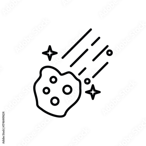 A black asteroid icon against white background It has craters and is followed by trails sparkles and dotted lines