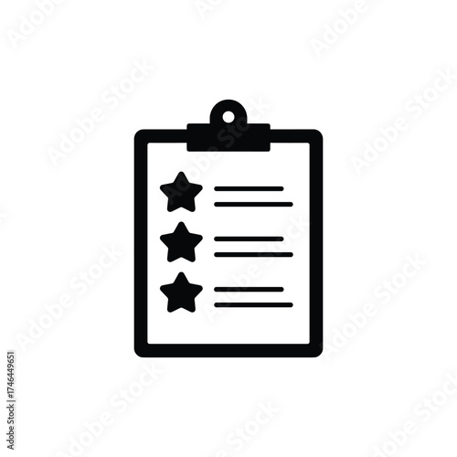 Star rating checklist icon, black and white clipboard with rating stars and lines, feedback or review concept vector illustration