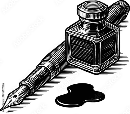 A vintage fountain pen and a glass ink bottle are depicted against a plain white background. A dark splotch of spilled ink lies near the pen, suggesting a classic writing scene.
