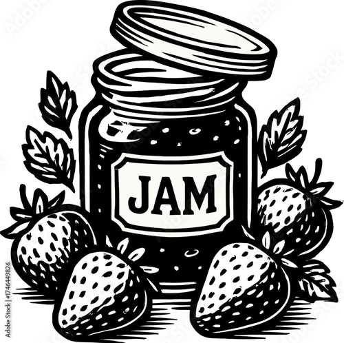 Vintage Jam Jar Surrounded by Fresh Strawberries and Leaves Black and White Illustration