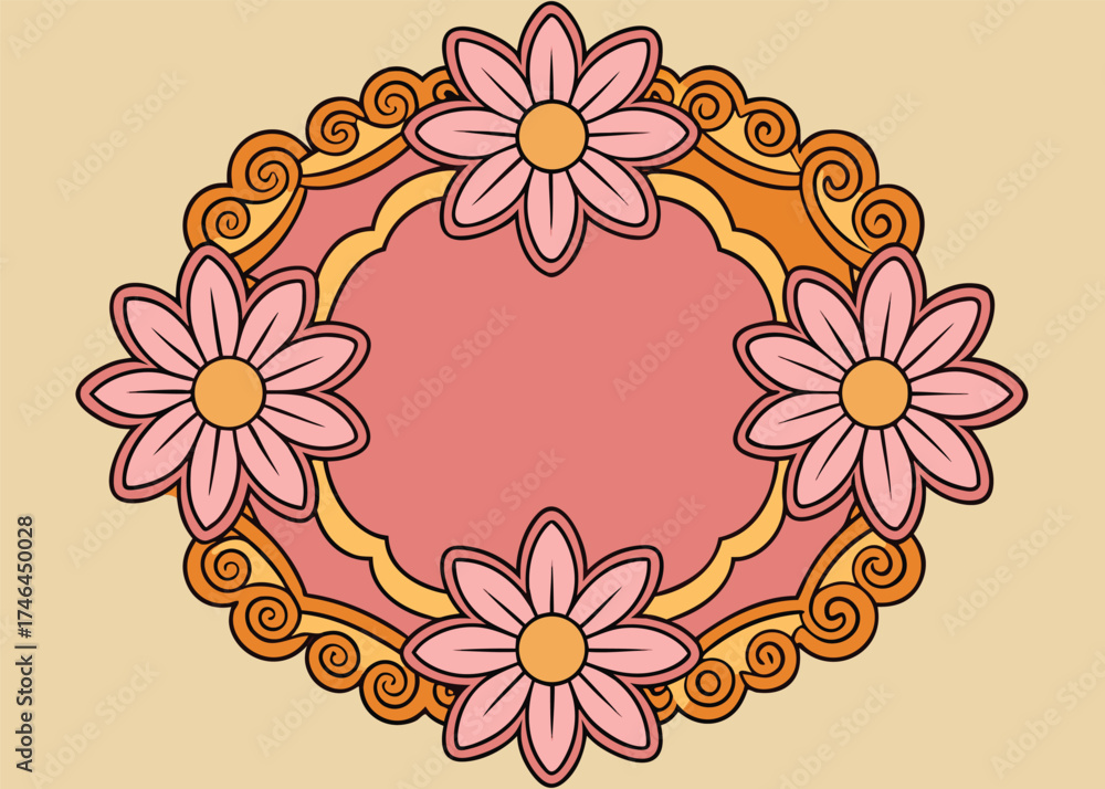 Naklejka premium Retro floral frame with swirling decorative elements pink flowers