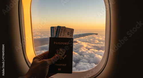 Hand holding passport and boarding passes against a cloudy sky seen through an airplane window during sunset