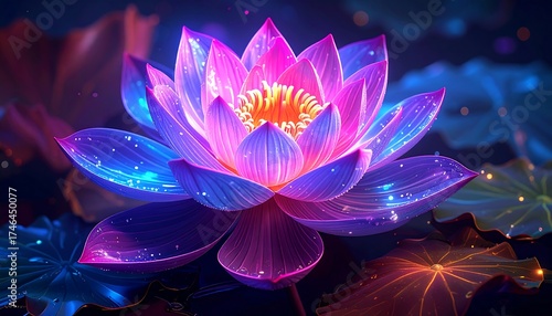 A luminous, vibrant water lily unfolds in a tranquil pond with soft, colorful hues, showcasing intricate petal details and ethereal sparkles