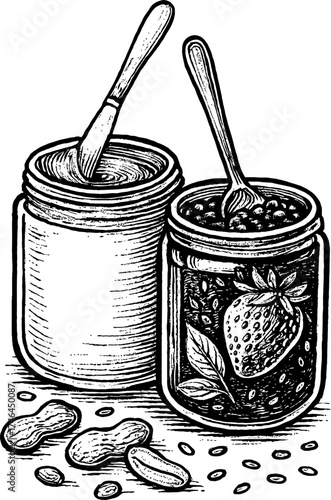 A vintage-style illustration depicts two open jars, one filled with peanut butter and a knife, the other with strawberry jam and a spoon. Peanuts are scattered around the jars.