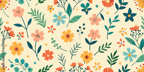 Colorful blooming wildflowers and green leaves scattered across a light yellow background