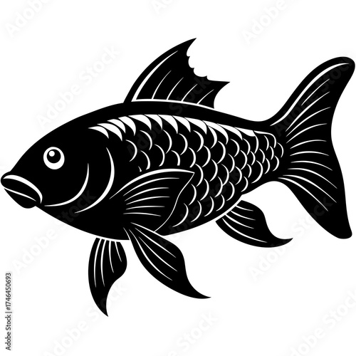 Carp Fish Vector | Generative AI Linocut Silhouette Design | Vintage Aquatic Illustration