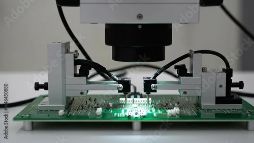 A detailed view of a circuit board undergoing inspection with precision instruments