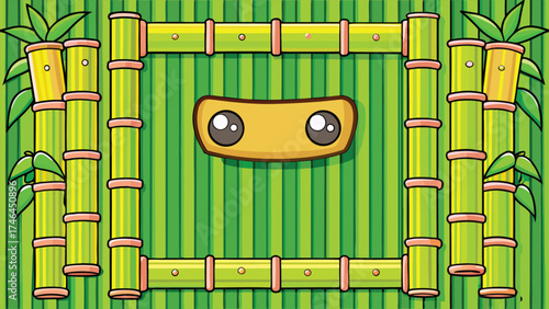 Cartoon bamboo frame with cute face on green striped background yellow leaves