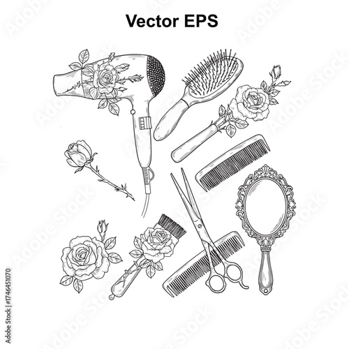 Vector art of hairdressing tools and roses in a sketch style