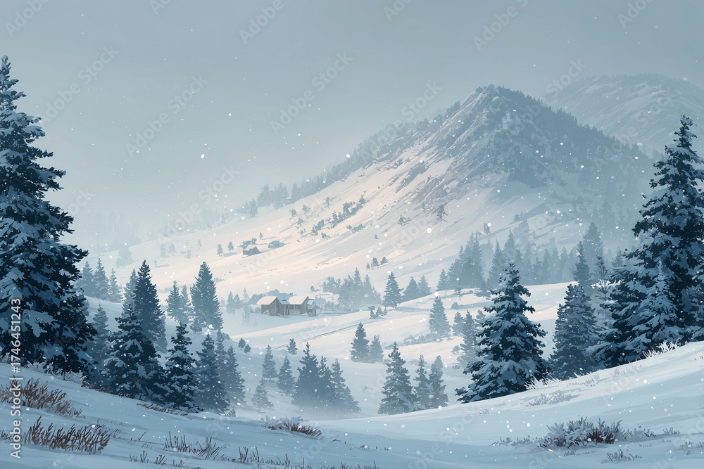Obraz premium Digital illustration of a snowy winter landscape with soft hills, pine trees, and gentle snowfall, seamless background, calm festive mood