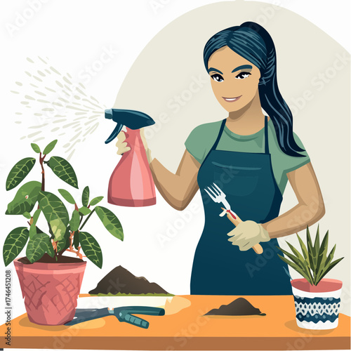 A young woman in an apron and gloves tends to her indoor plants, spraying one with a water bottle.