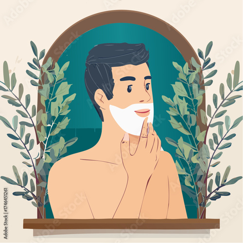 An illustrated shirtless man applying shaving cream to his face, framed by a window and leafy plants.