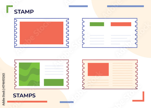 Collection of postage stamps with colorful rectangles and lines vector