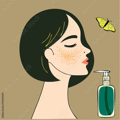 Profile illustration of a woman with freckles, a cosmetic dispenser, and a yellow butterfly.