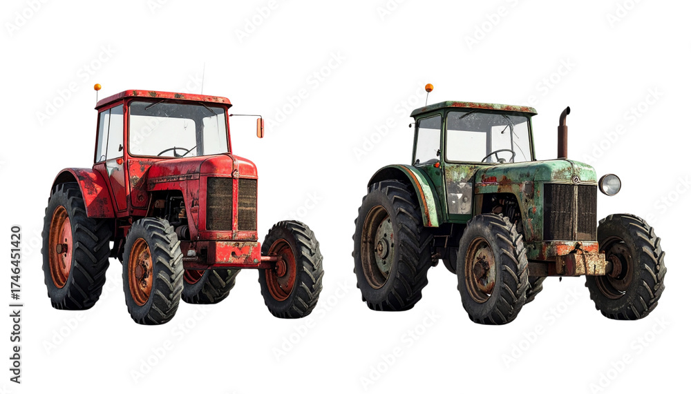 Obraz premium Two Classic Farm Tractors Side by Side, isolated on transparent background