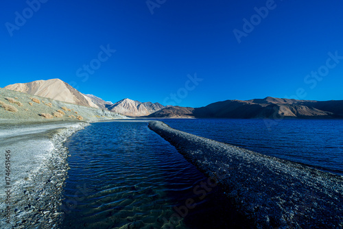Pangong Tso is an endorheic lake in the Himalayas situated at a height of about 4,350 m. Pangong Lake in Ladakh, North India.