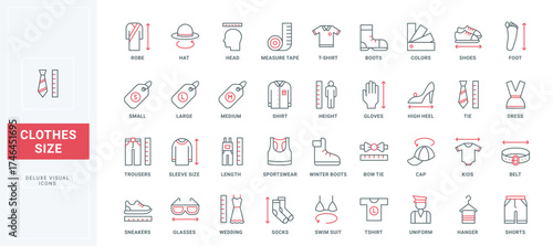 Tailors guide to measure length, width and circumference of body parts to sew and buy clothes line icons set. Fashion clothing and charts thin black and red outline symbols vector illustration