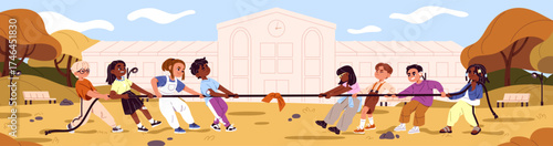 Groups of kids play tug of war. Teams of children pull rope and compete against each other. Teamwork competition concept. Diverse girls and boys have fun in sports contest. Flat vector illustration