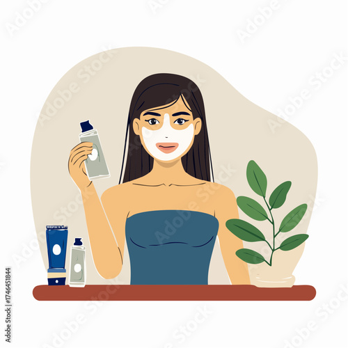 Illustration of a young woman with a white facial mask applying a skincare product from a tube.