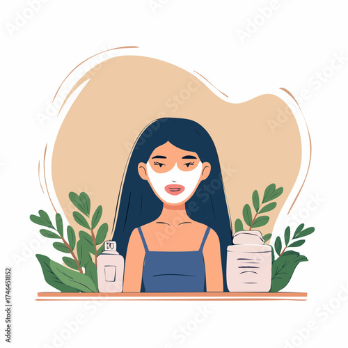 An illustrated woman with long dark hair applies a white cosmetic face mask as part of her skincare routine.
