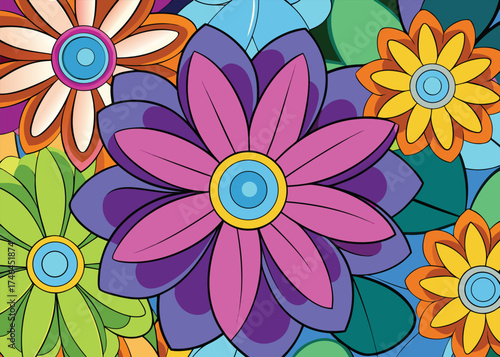 Vibrant floral pattern with layered petals and circular centers abstract colorful