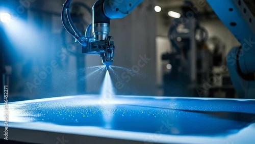 A robotic arm dispenses liquid onto a surface in a factory, captured in blue light