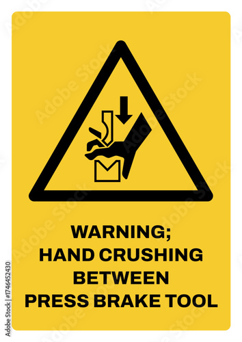 warning safety signs v3 uppercase text_warning ; hand crushing between press brake tool_portrait size a4/a3/a2/a1	 
