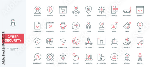 Cyber security, safety connection line icons set. Fraud and virus attack, malware and attention for bugs, digital information protection thin black and red outline symbols, vector illustration