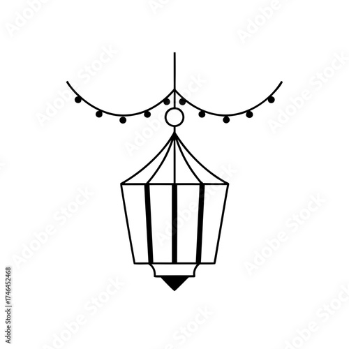 Hanging lantern with string lights on transparent background