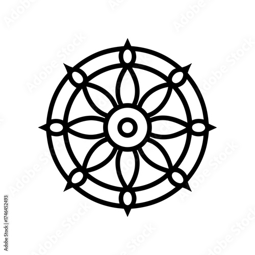 Simple dharma wheel black and white on transparent background