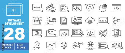 Software Development set of web icons in line style. Containing Globe, Setting, Chart, Document, Lock, Laptop, Database and more. Editable stroke icons collection.