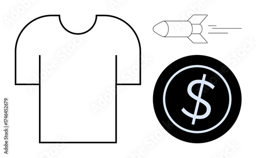 T-shirt, sleek rocket motion, and dollar coin create focus on commerce, innovation, investment, marketing, entrepreneurship, fashion futuristic ideas. Ideal for business design growth themes