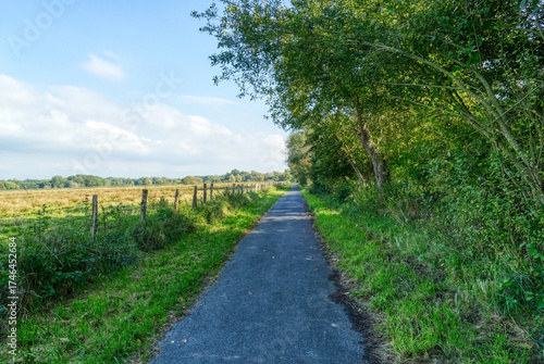 Wanderweg mit Zaun und Wiesen im Naturschutzgebiet in den Rieselfeldern in Münster