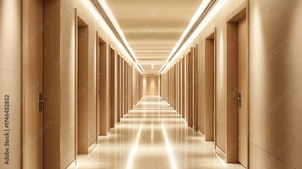 Fototapeta premium Modern hotel corridor with wooden accents.
