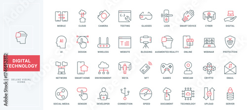 AI technology line icons set. Augmented reality glasses, connection to server and cyber protection of digital data, smart home and device thin black and red outline symbols, vector illustration