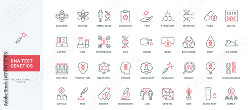 Genetic analysis, chemistry and biotechnology, pharmaceutical research line icons set. DNA structure and chromosome test, animal experiment, GMO thin black and red outline symbols vector illustration