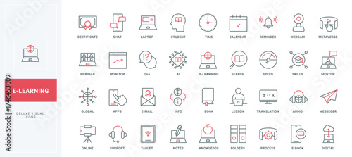Online education, knowledge line icons set. Training process, certificate of graduation for student and lesson, audio book and messenger thin black and red outline symbols vector illustration