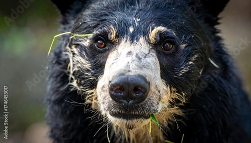 A striking portrait captures a close-up of a bear with wet fur and a slightly messy face, grass clinging to its lips. The animal is looking straight into the camera