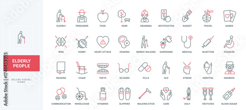 Care for elderly line icons set. Grandpa and grandma avatars, food and medical service, gymnastics and hygiene, help with stress and heart attack thin black and red outline symbols vector illustration