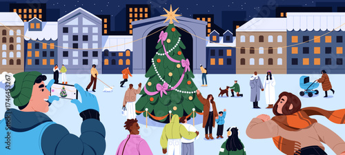 People walk on city square at Xmas night. Happy families with kids stroll on street with decorated Christmas tree. Snow evening in European cityscape at winter holidays. Flat vector illustration