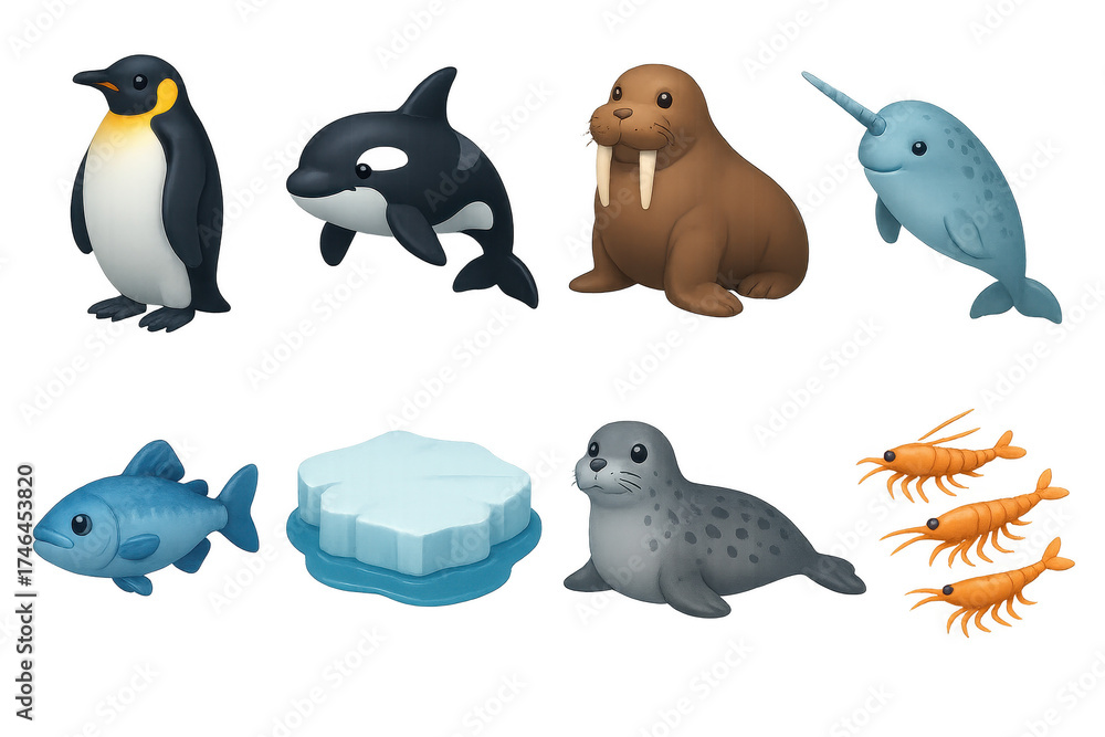 Naklejka premium Polar Seas Icons. Polar seas icons in 3D color style: emperor penguin, orca, walrus, narwhal, Arctic cod, ice floe, leopard seal, krill swarm.