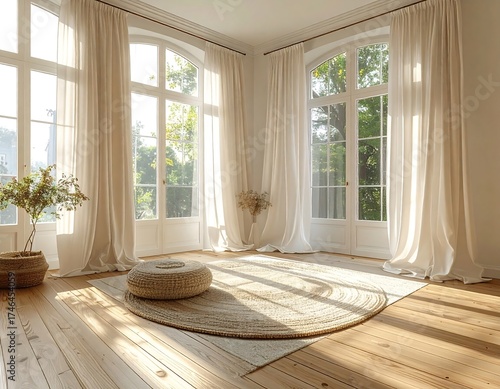 A sunlit, inviting interior with arched windows, sheer curtains, wooden floors, a woven rug, and a small decorative plant. Sunlight streams through, creating a warm, airy atmosphere