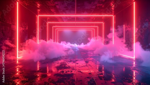 Fototapeta Naklejka Na Ścianę i Meble -  A neon-lit tunnel with rectangular frames glows red, filled with pink smoke, reflecting on the wet floor, creating an otherworldly atmosphere