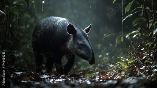 Close-up portrait of a tapir in dense forest, showing skin texture and snout detail in natural light.