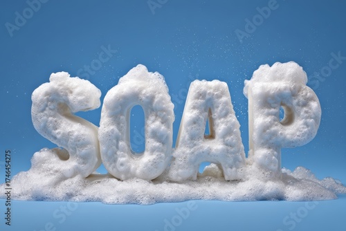 Foamy bubbles on soap letters against blue background.