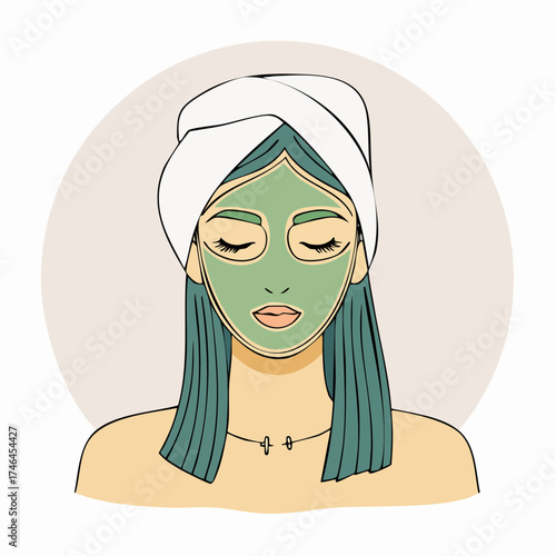 Illustration of a serene woman relaxing with a green facial mask and a white towel wrapped around her hair.