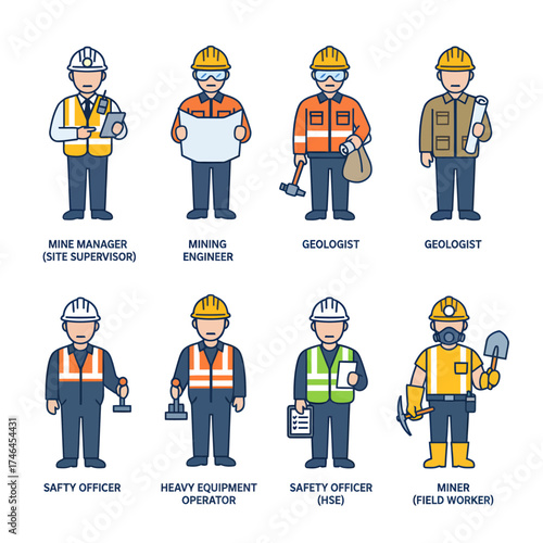 Six stylized vector icons depicting different professions: pilot, flight attendant, construction worker, customer service, police officer, and manual laborer.
