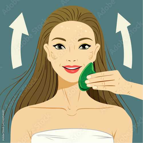 Vector illustration of a woman performing a gua sha facial massage with a green jade stone.