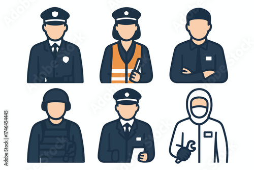 A vector illustration depicting six different professions: police officer, traffic warden, mechanic, soldier, security guard, and hazardous materials worker.